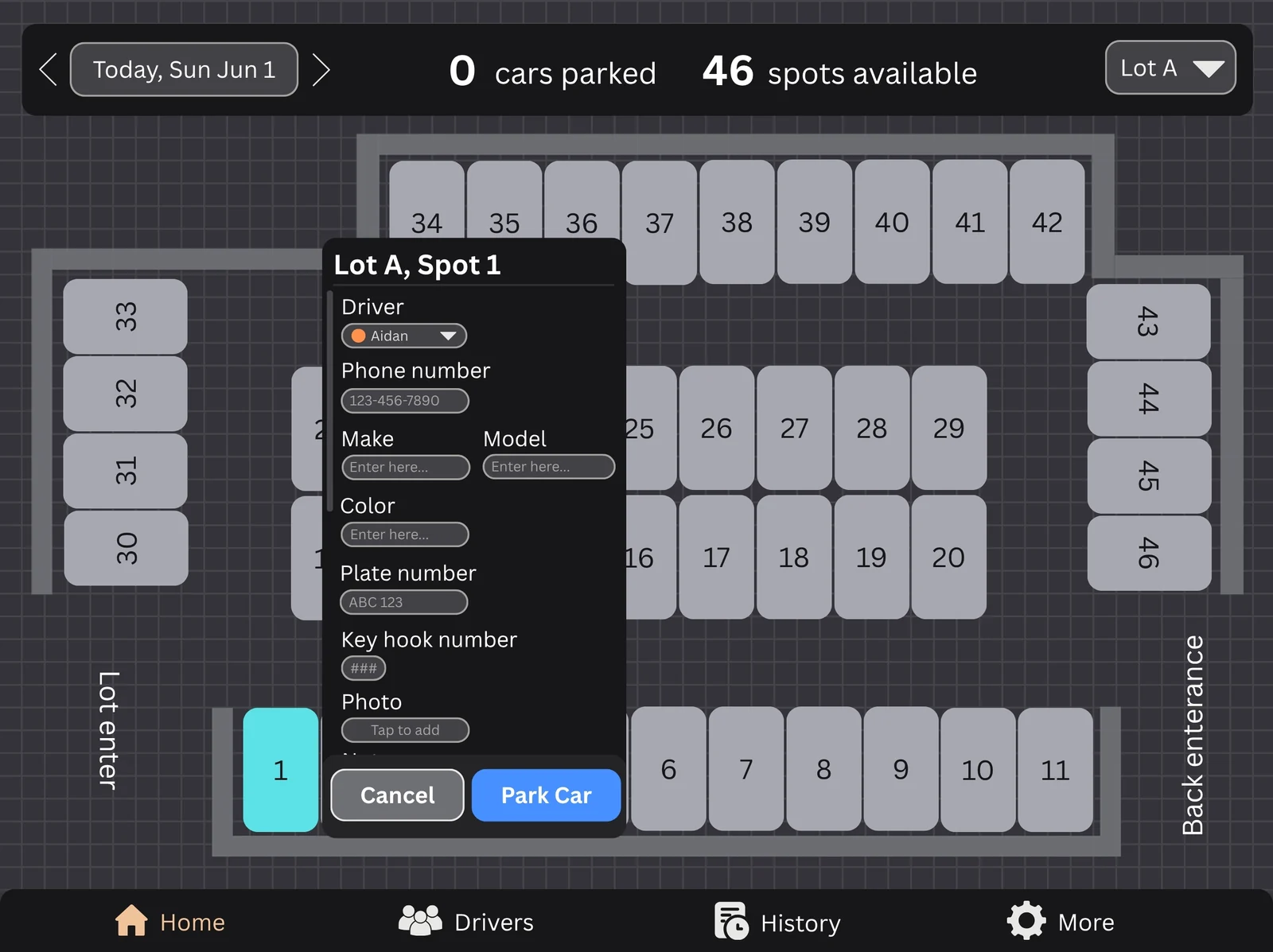 Keep vehicle details and parking locations together from arrival.